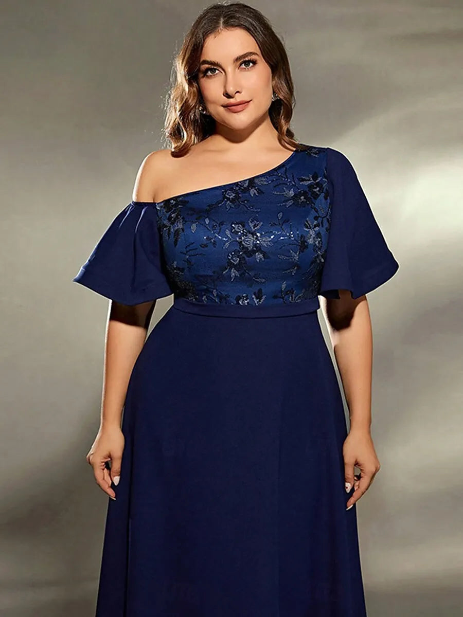 Plus Size A-Line One-Shoulder Short Sleeve Ruffle Floral Navy Maxi Prom Dress