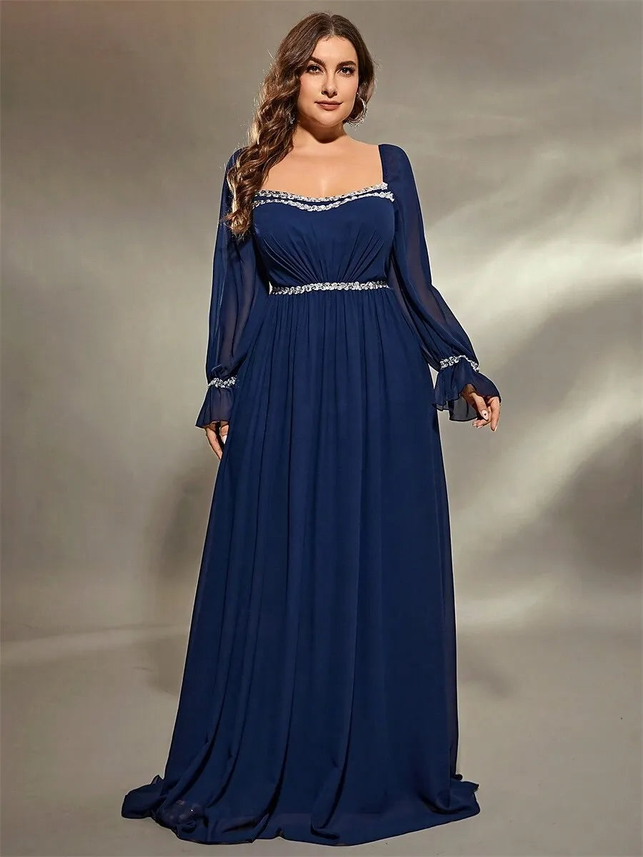 Plus Size A-Line Square Neck Long Sleeve Beaded Chiffon Navy Maxi Prom Dress