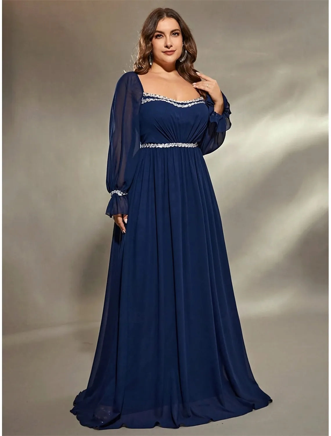 Plus Size A-Line Square Neck Long Sleeve Beaded Chiffon Navy Maxi Prom Dress