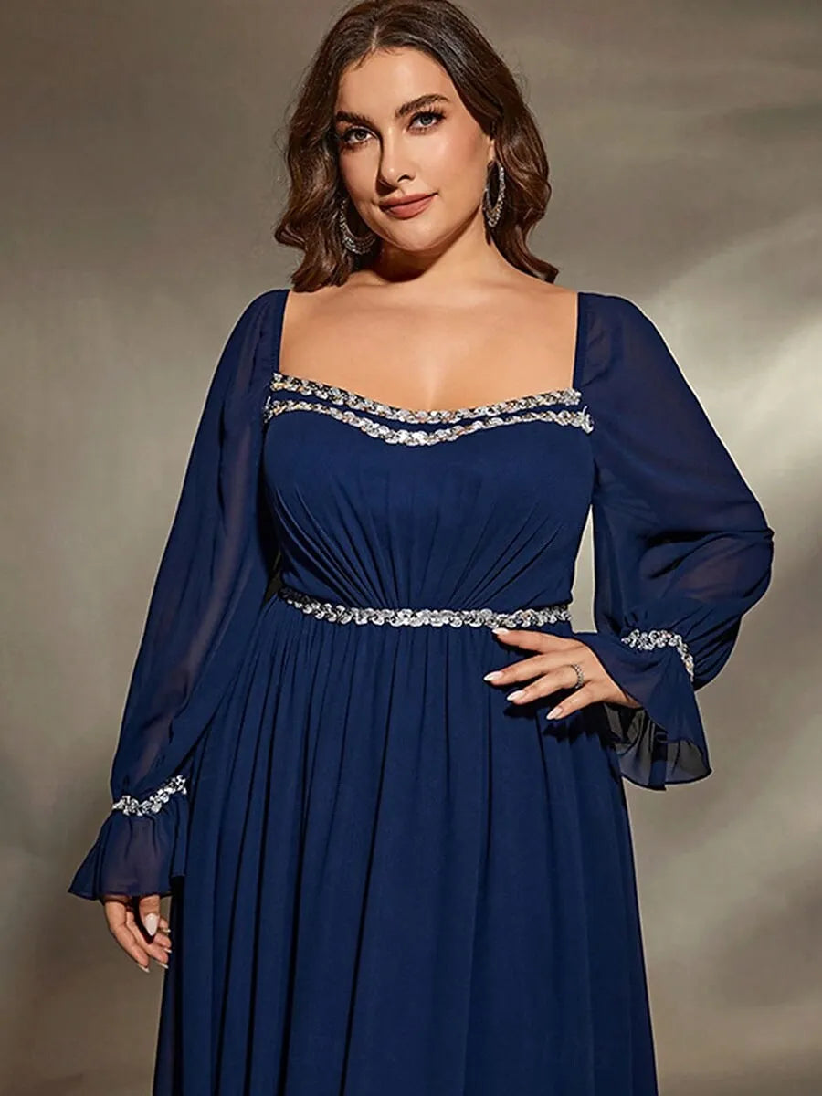 Plus Size A-Line Square Neck Long Sleeve Beaded Chiffon Navy Maxi Prom Dress