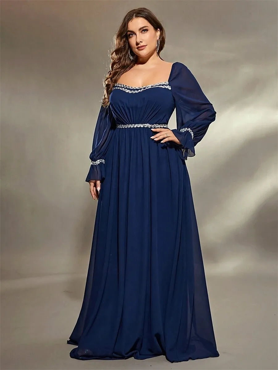 Plus Size A-Line Square Neck Long Sleeve Beaded Chiffon Navy Maxi Prom Dress