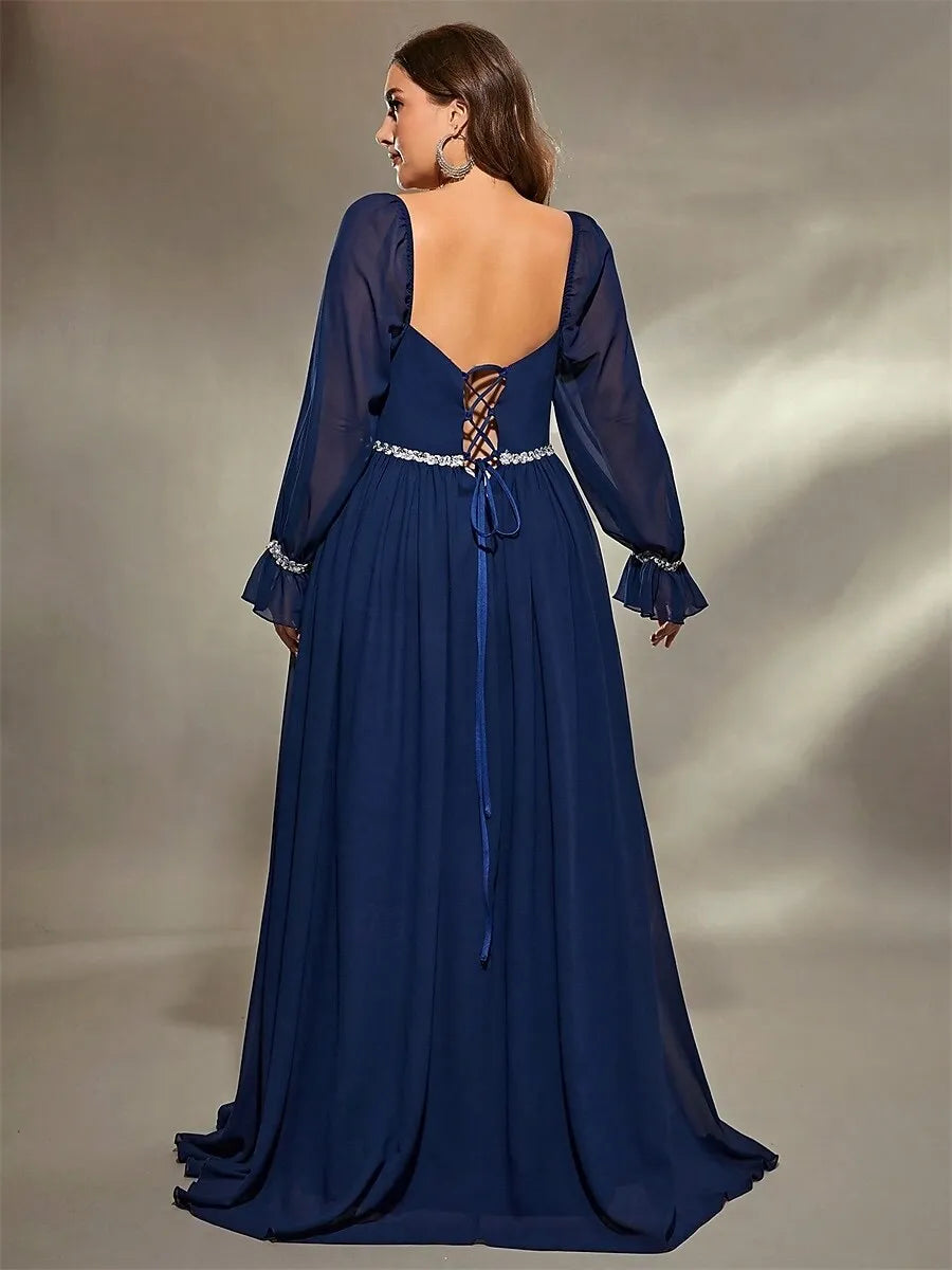Plus Size A-Line Square Neck Long Sleeve Beaded Chiffon Navy Maxi Prom Dress