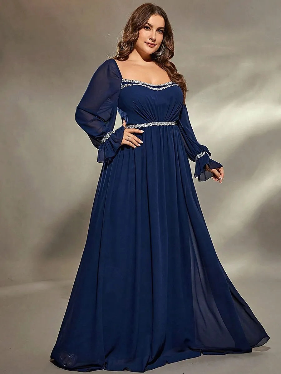 Plus Size A-Line Square Neck Long Sleeve Beaded Chiffon Navy Maxi Prom Dress