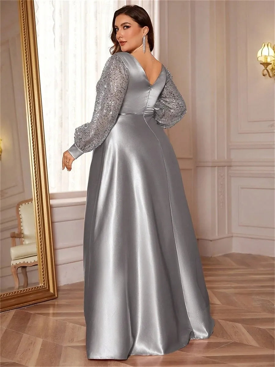 Plus Size A-Line V-Neck Long Sleeves Sequin Satin Silver Maxi Prom Dress