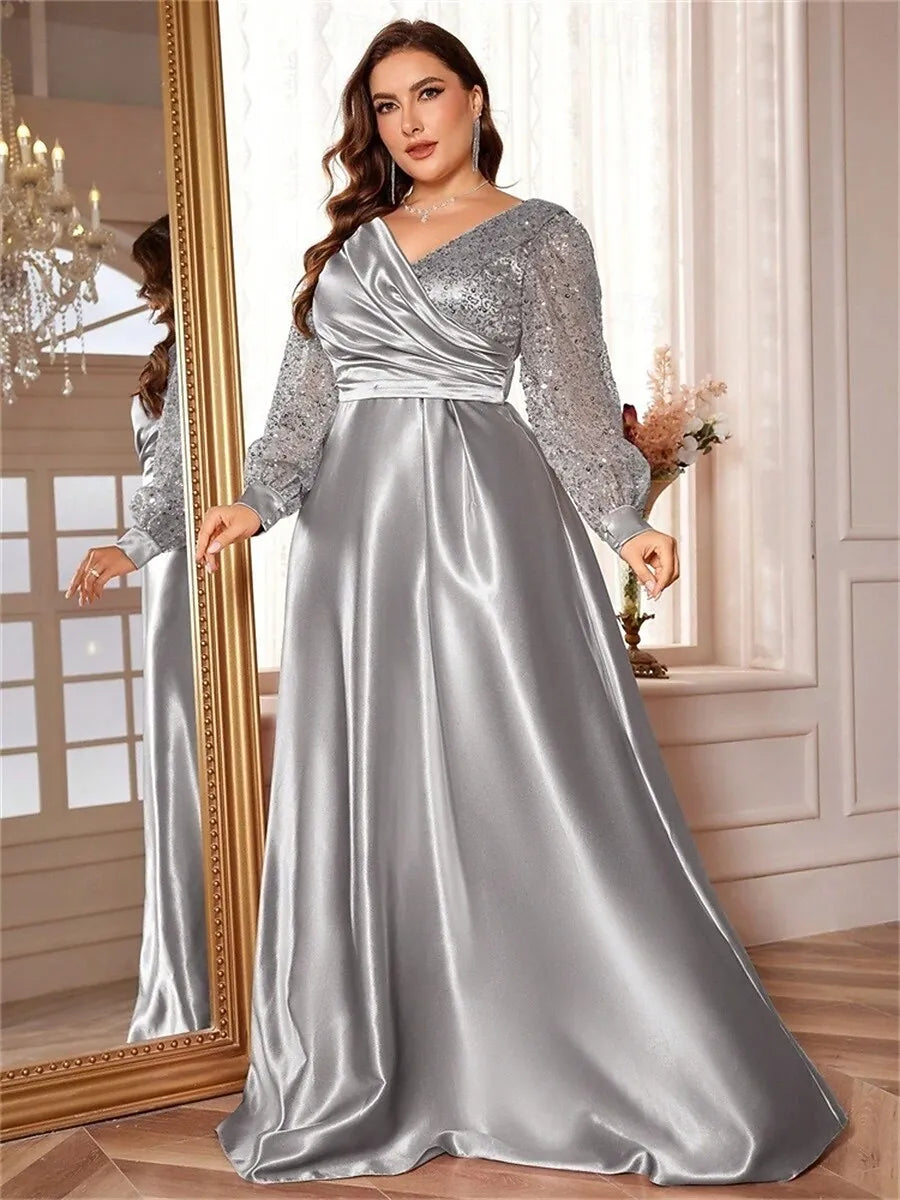 Plus Size A-Line V-Neck Long Sleeves Sequin Satin Silver Maxi Prom Dress