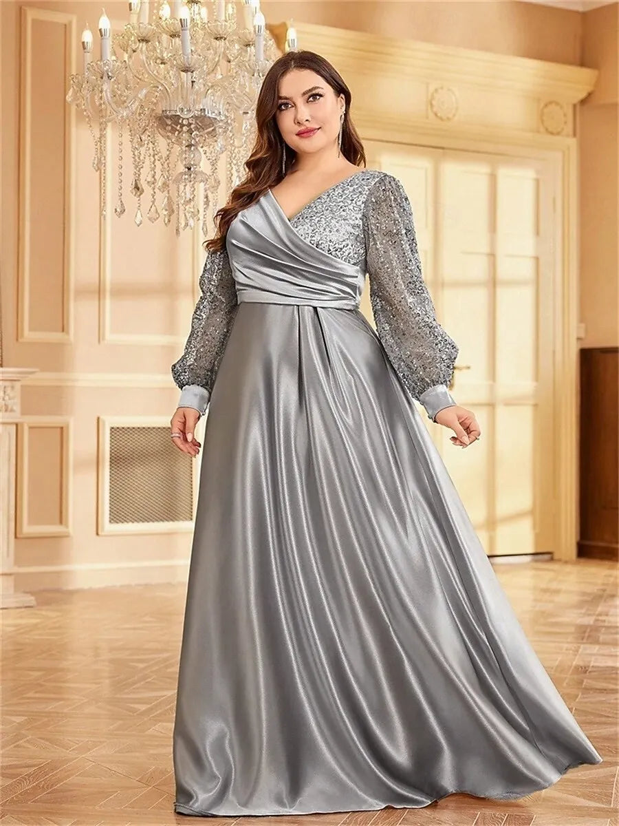 Plus Size A-Line V-Neck Long Sleeves Sequin Satin Silver Maxi Prom Dress