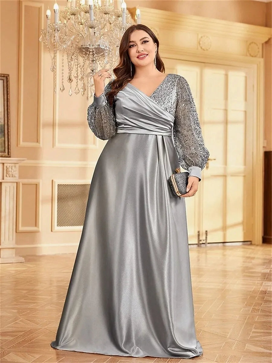 Plus Size A-Line V-Neck Long Sleeves Sequin Satin Silver Maxi Prom Dress