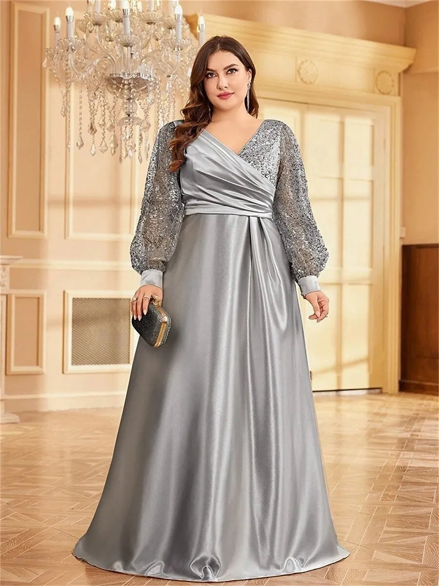Plus Size A-Line V-Neck Long Sleeves Sequin Satin Silver Maxi Prom Dress