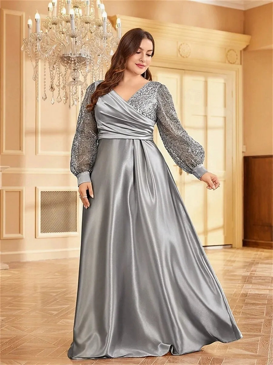 Plus Size A-Line V-Neck Long Sleeves Sequin Satin Silver Maxi Prom Dress