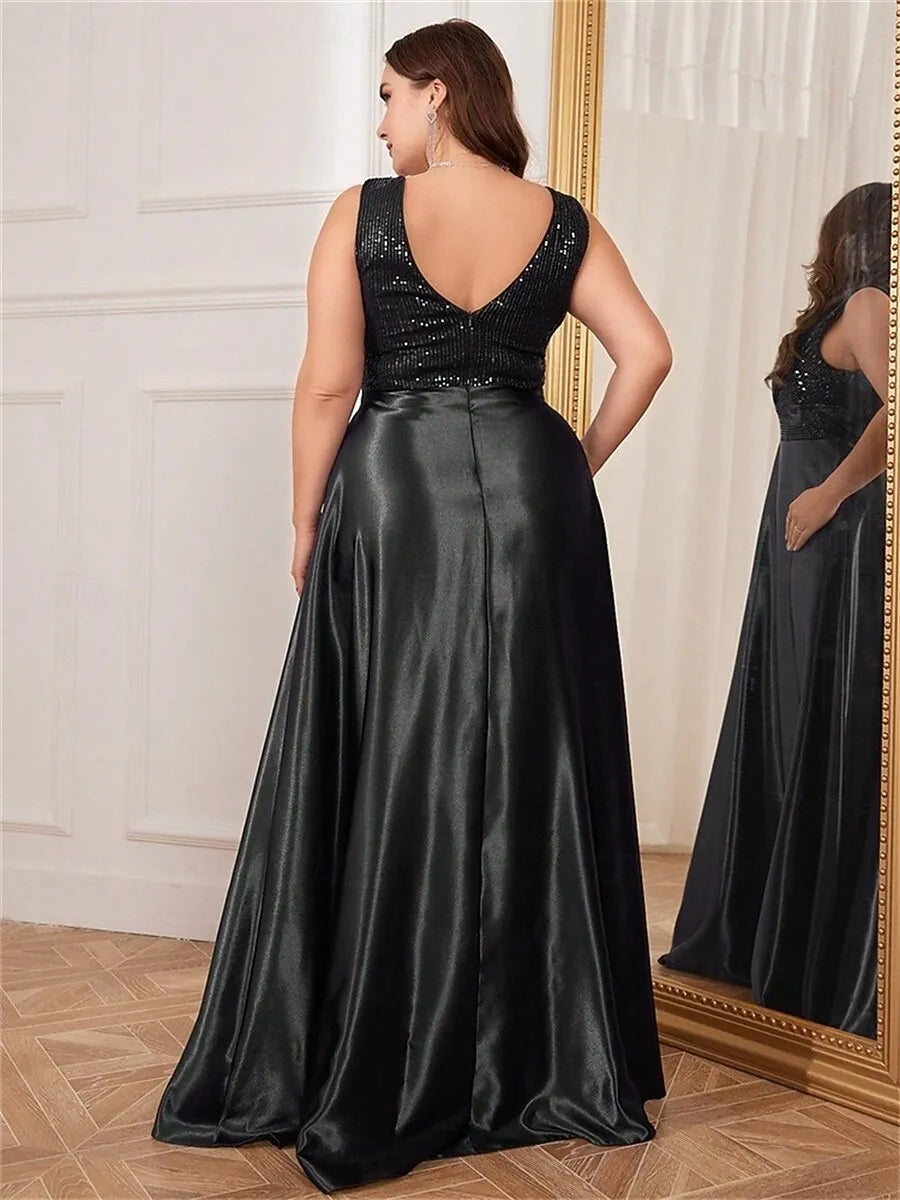 Plus Size A-Line V-Neck Sequin Satin Black Maxi Prom Dress With Pocket