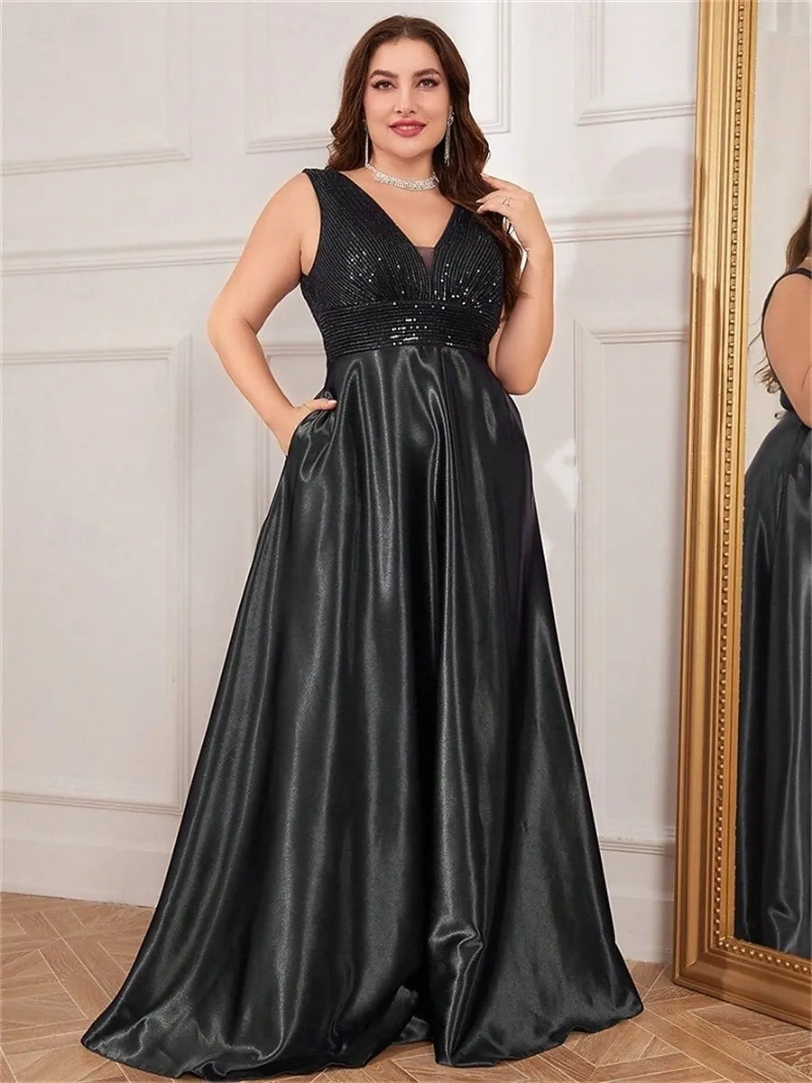 Plus Size A-Line V-Neck Sequin Satin Black Maxi Prom Dress With Pocket