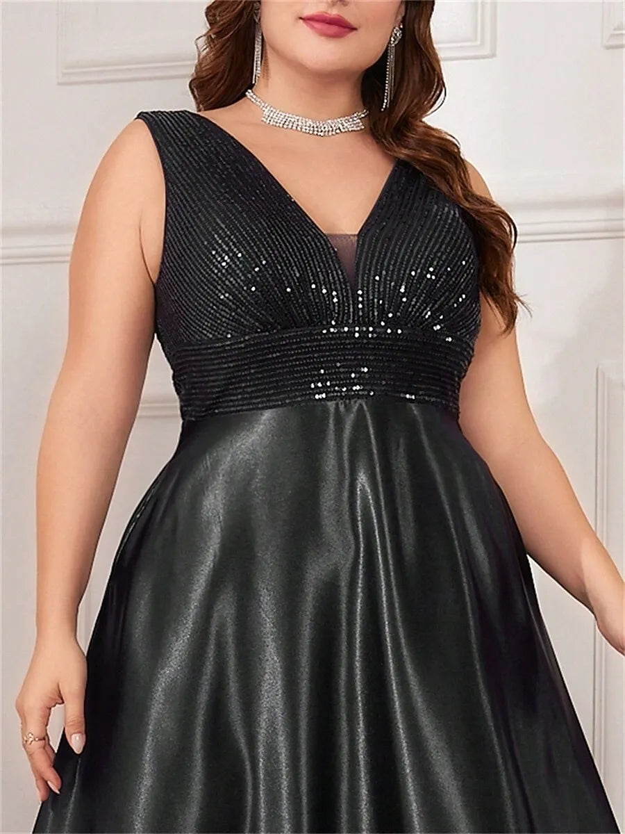 Plus Size A-Line V-Neck Sequin Satin Black Maxi Prom Dress With Pocket