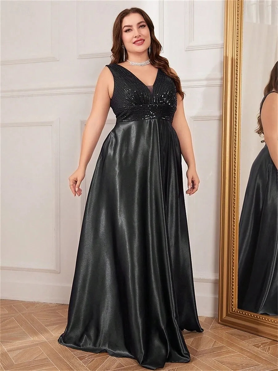 Plus Size A-Line V-Neck Sequin Satin Black Maxi Prom Dress With Pocket