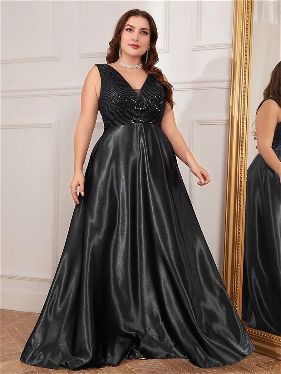 Plus Size A-Line V-Neck Sequin Satin Black Maxi Prom Dress With Pocket