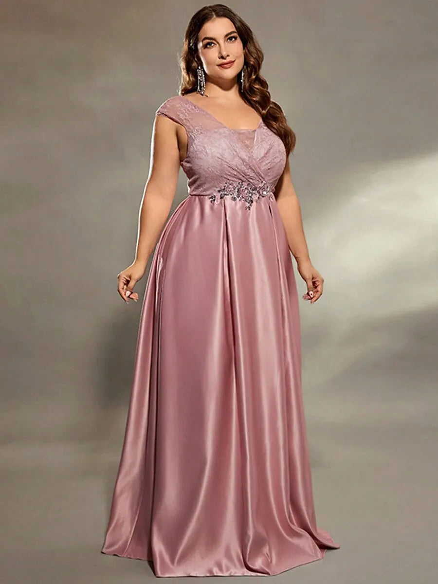 Plus Size A-Line V Neck Cap Sleeve Lace Satin Dusty Rose Maxi Prom Dress