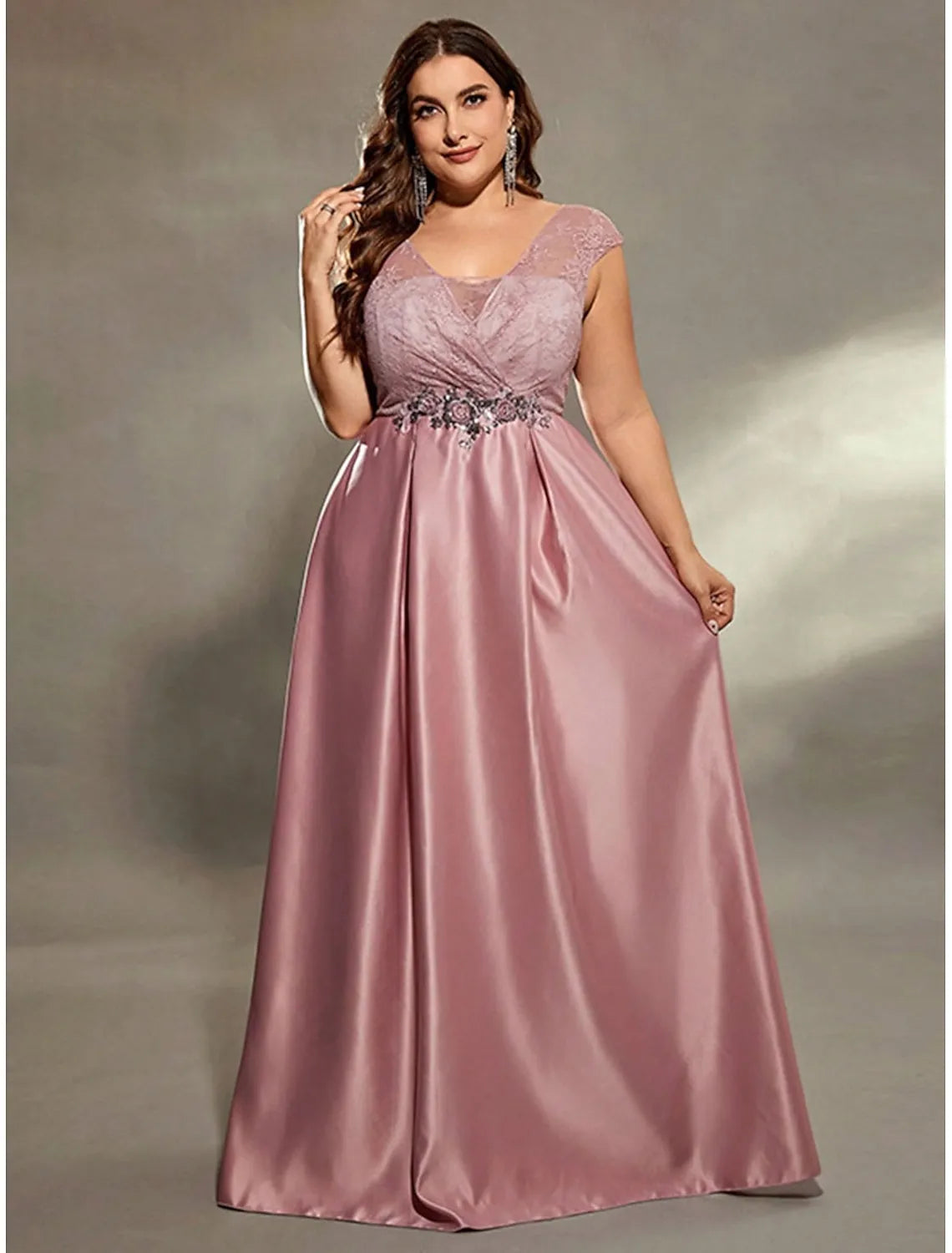 Plus Size A-Line V Neck Cap Sleeve Lace Satin Dusty Rose Maxi Prom Dress