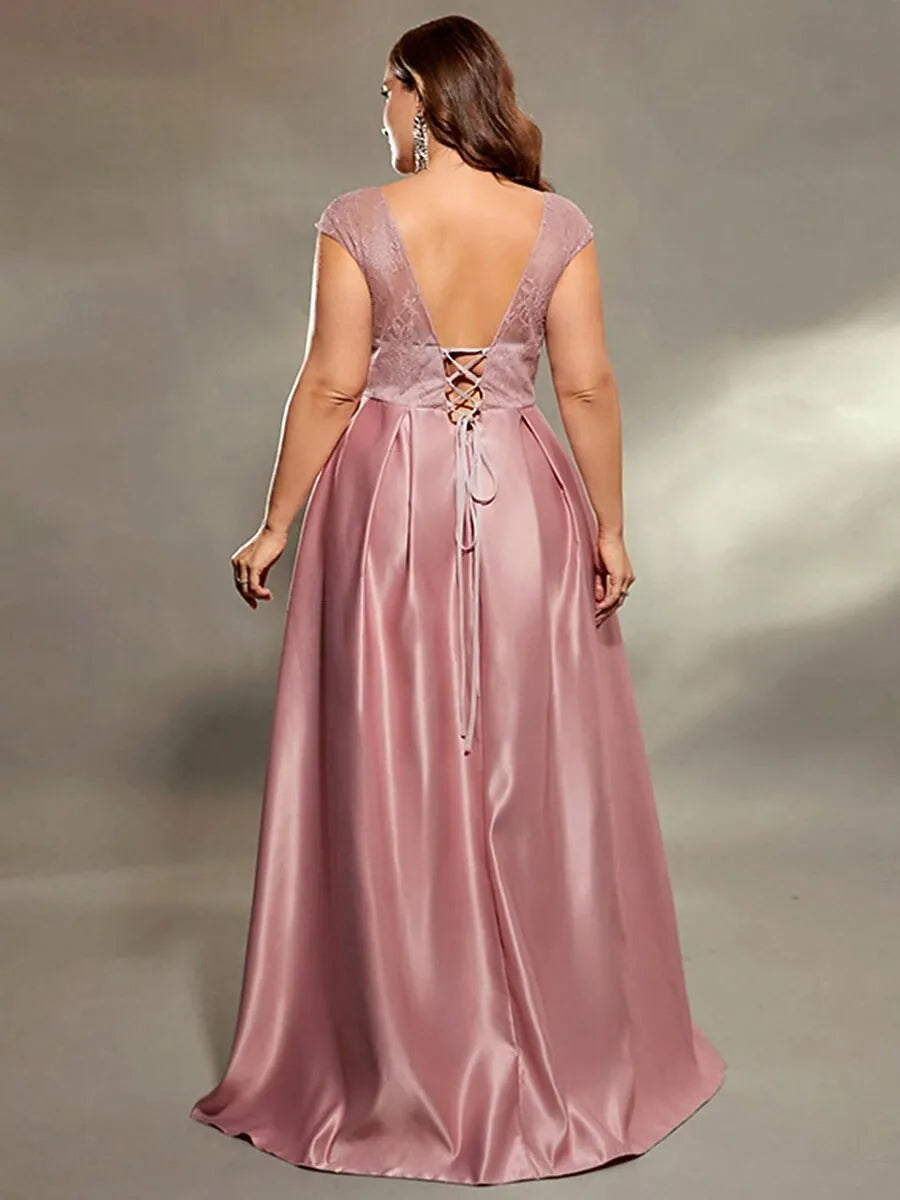 Plus Size A-Line V Neck Cap Sleeve Lace Satin Dusty Rose Maxi Prom Dress