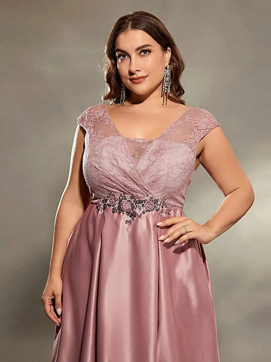 Plus Size A-Line V Neck Cap Sleeve Lace Satin Dusty Rose Maxi Prom Dress