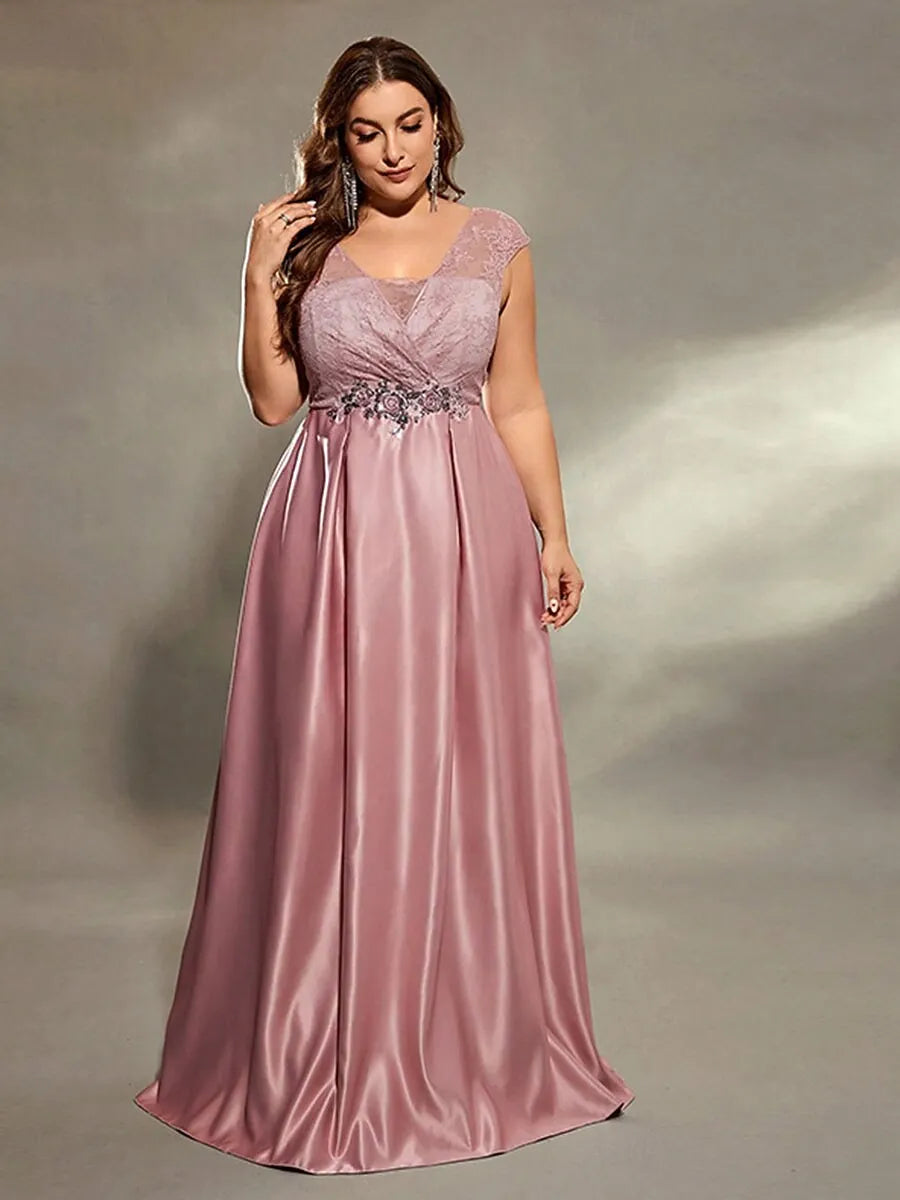 Plus Size A-Line V Neck Cap Sleeve Lace Satin Dusty Rose Maxi Prom Dress
