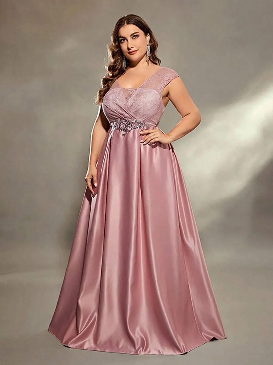 Plus Size A-Line V Neck Cap Sleeve Lace Satin Dusty Rose Maxi Prom Dress