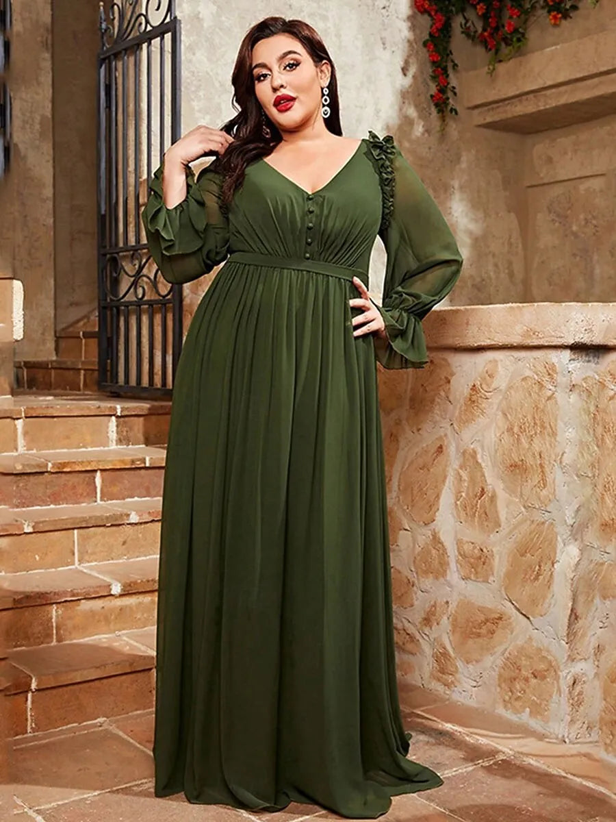 Plus Size A-Line V Neck Long Sleeve Pleated Ruffle Chiffon Olive Maxi Prom Dress