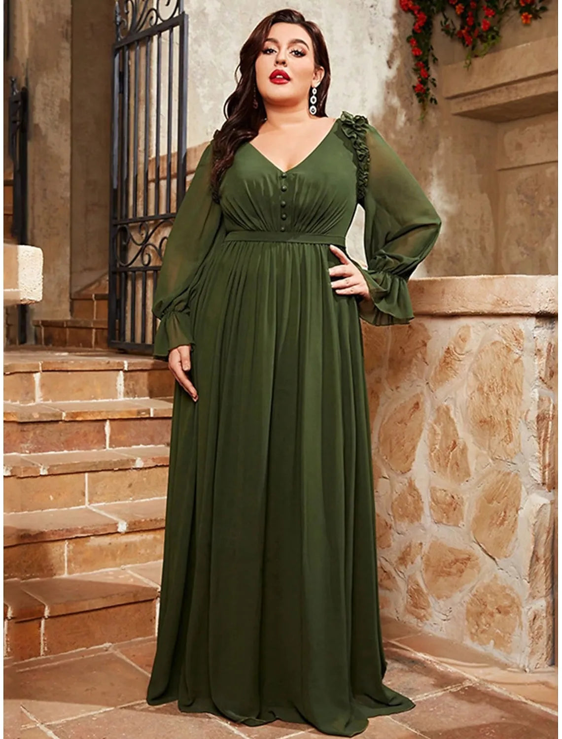 Plus Size A-Line V Neck Long Sleeve Pleated Ruffle Chiffon Olive Maxi Prom Dress