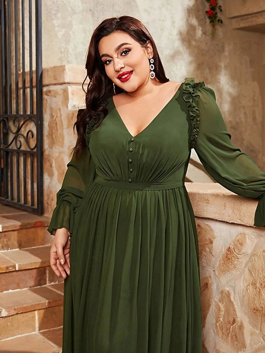 Plus Size A-Line V Neck Long Sleeve Pleated Ruffle Chiffon Olive Maxi Prom Dress