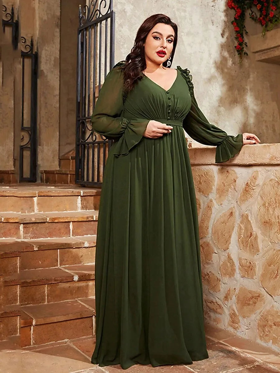 Plus Size A-Line V Neck Long Sleeve Pleated Ruffle Chiffon Olive Maxi Prom Dress