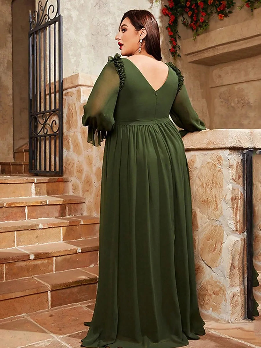 Plus Size A-Line V Neck Long Sleeve Pleated Ruffle Chiffon Olive Maxi Prom Dress