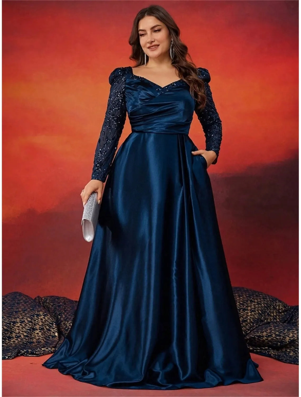 Plus Size A-Line V Neck Long Sleeve Sequin Satin Navy Maxi Prom Dress With Pocket