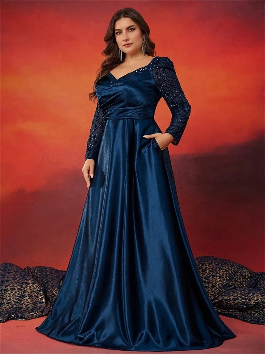 Plus Size A-Line V Neck Long Sleeve Sequin Satin Navy Maxi Prom Dress With Pocket