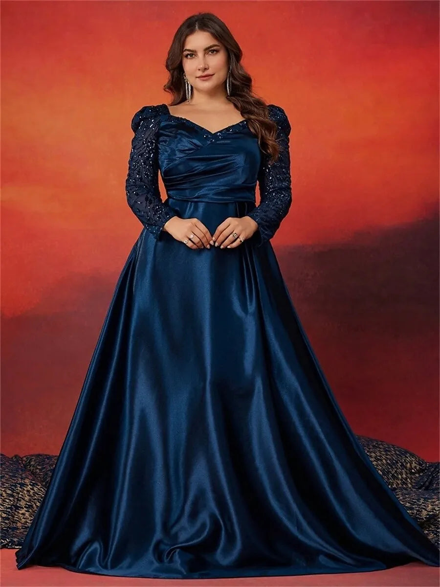 Plus Size A-Line V Neck Long Sleeve Sequin Satin Navy Maxi Prom Dress With Pocket