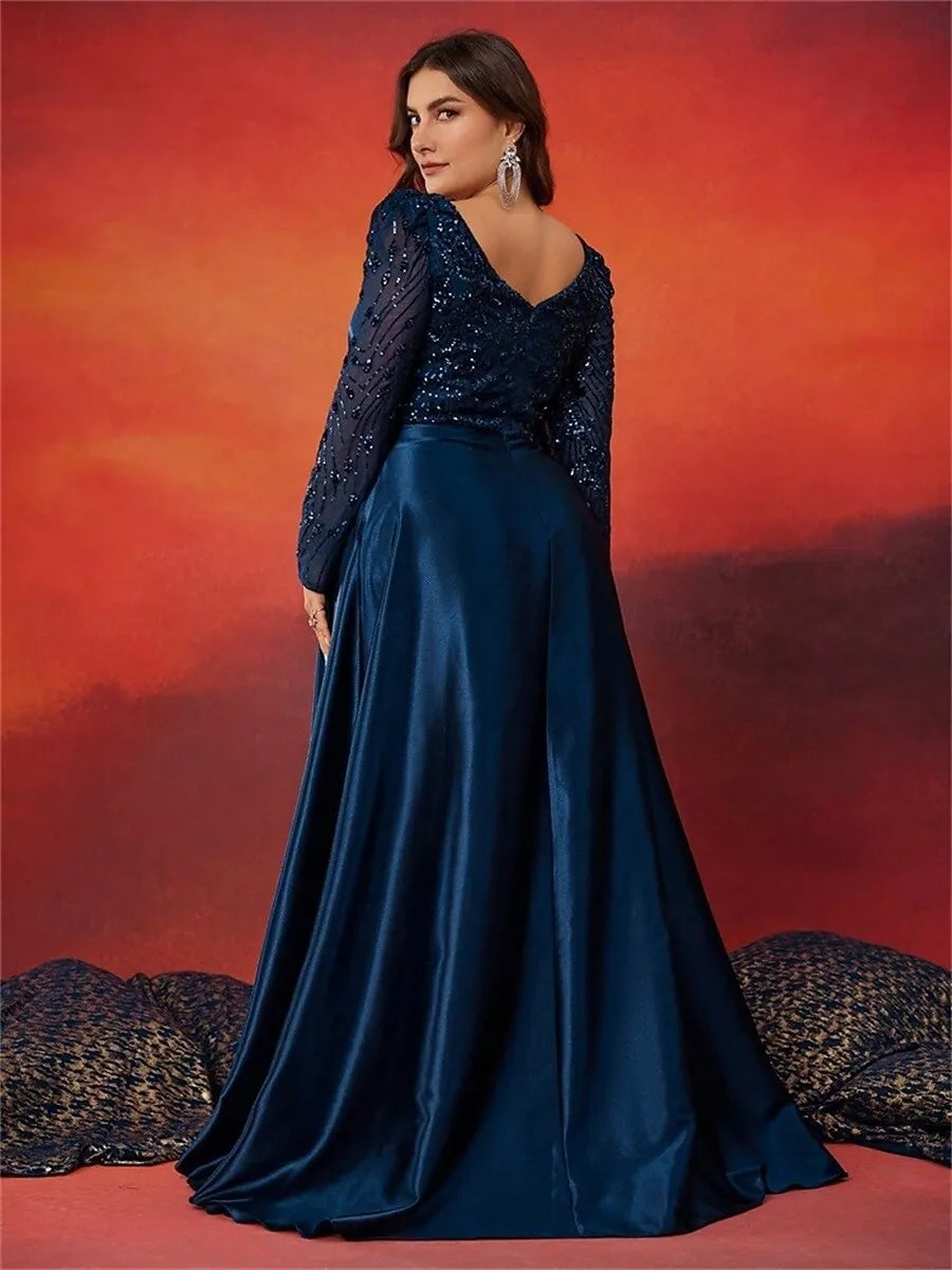 Plus Size A-Line V Neck Long Sleeve Sequin Satin Navy Maxi Prom Dress With Pocket