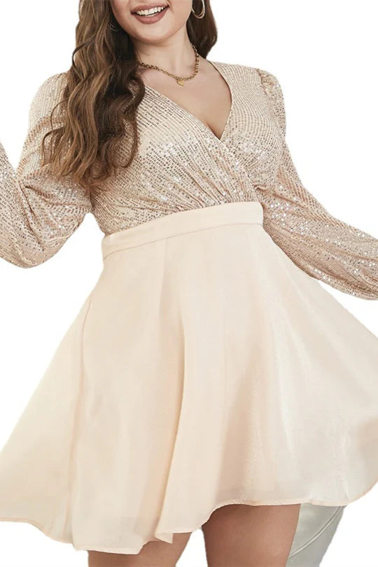 Plus Size Champagne Surplice V Neck Long Sleeves A-Line Short Mini Dress Party Dress