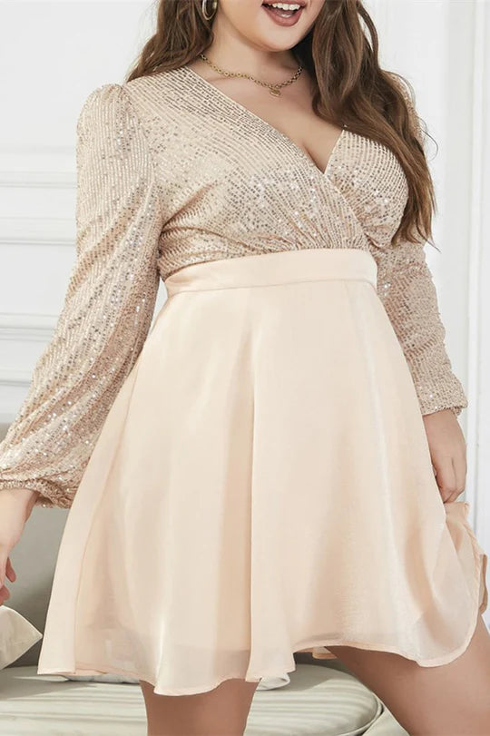 Plus Size Champagne Surplice V Neck Long Sleeves A-Line Short Mini Dress Party Dress