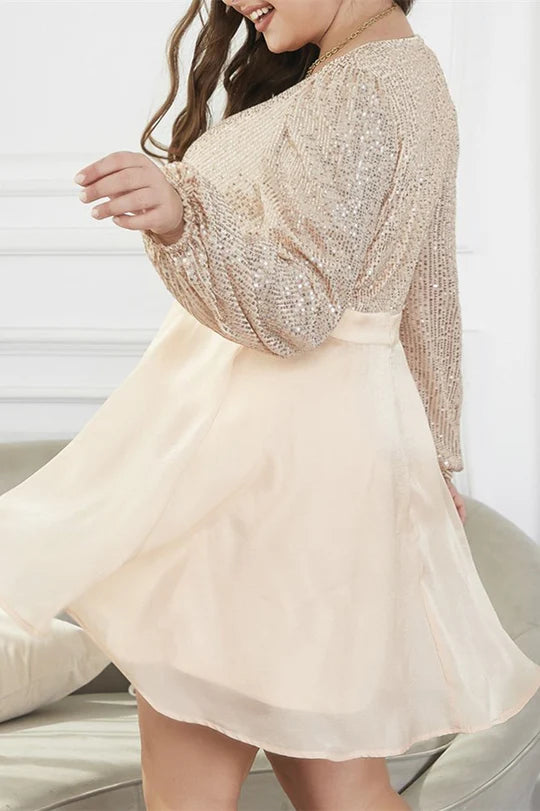 Plus Size Champagne Surplice V Neck Long Sleeves A-Line Short Mini Dress Party Dress
