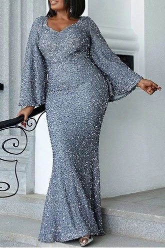 Plus Size Gray Sequin V-Neck Floor Length Long Sleeve Mermaid Prom Dress Gray Evening Dress
