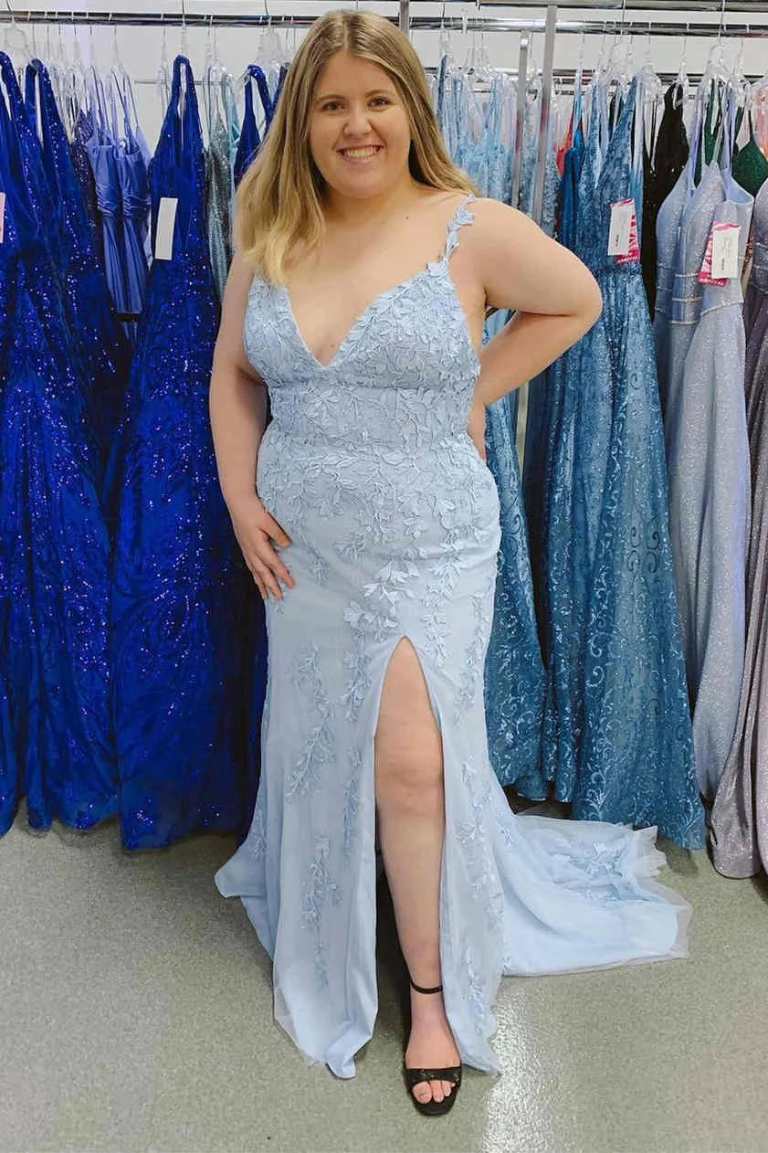 Plus Size Mermaid V-Neck Appliques Lace Sky Blue Long Evening Dress