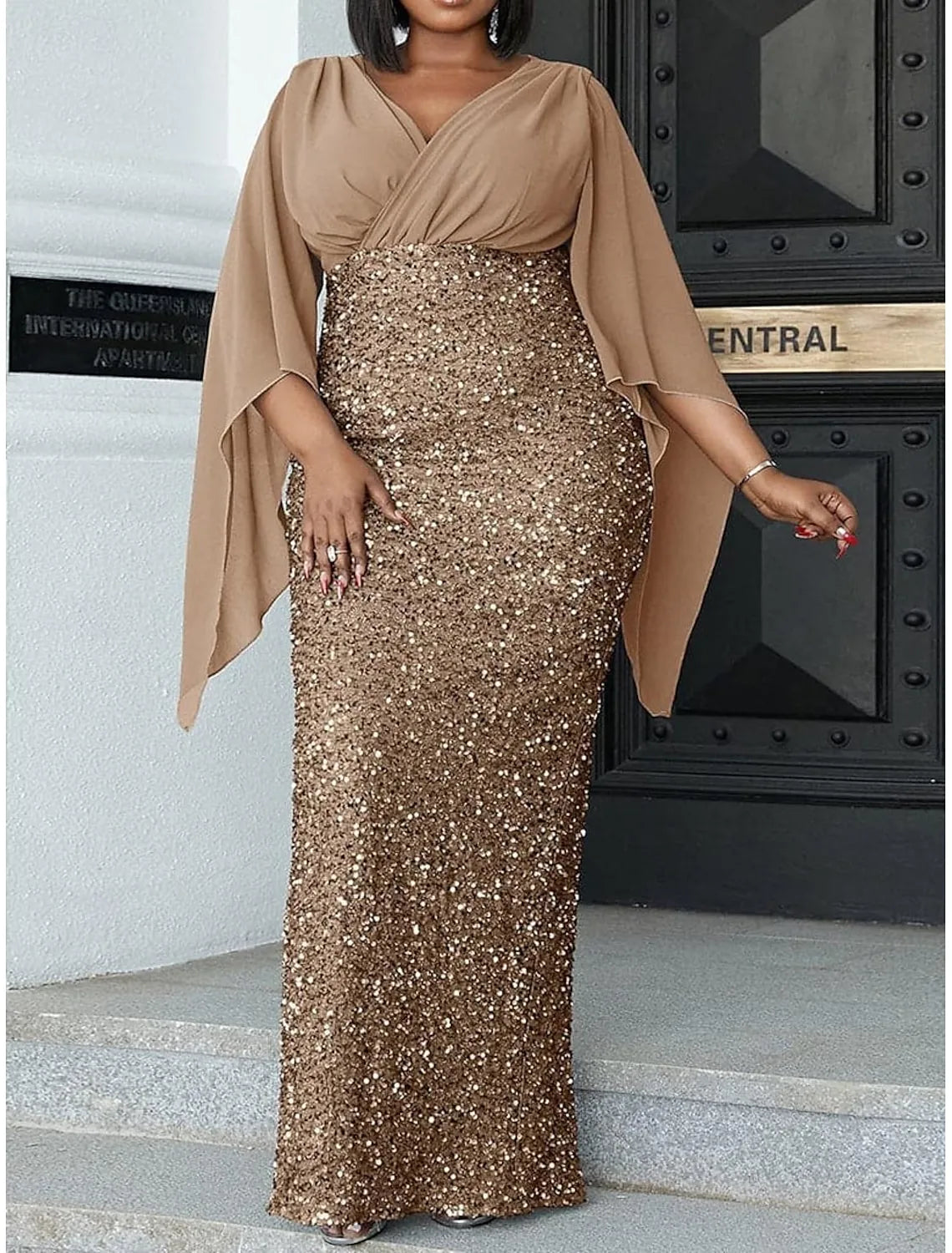 Plus Size Sheath V-Neck Cape-Sleeve Sequin Burgundy Maxi Evening Dress for Women Ready to Ship