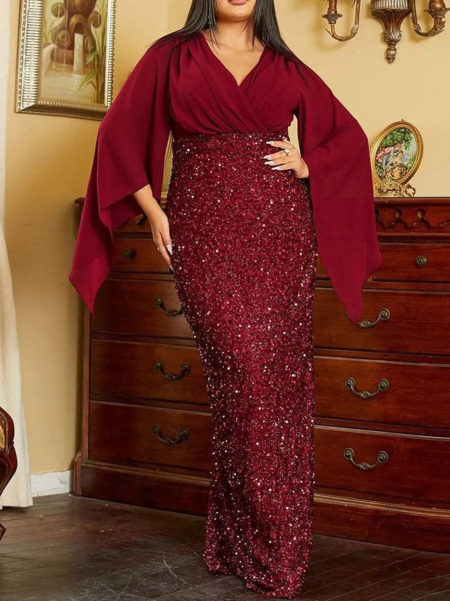 Plus Size Sheath V-Neck Cape-Sleeve Sequin Burgundy Maxi Evening Dress for Women Ready to Ship