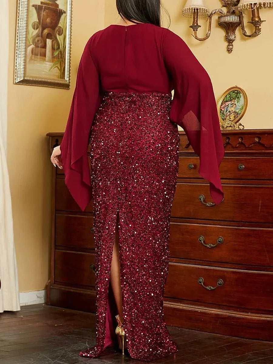 Plus Size Sheath V-Neck Cape-Sleeve Sequin Burgundy Maxi Evening Dress for Women Ready to Ship
