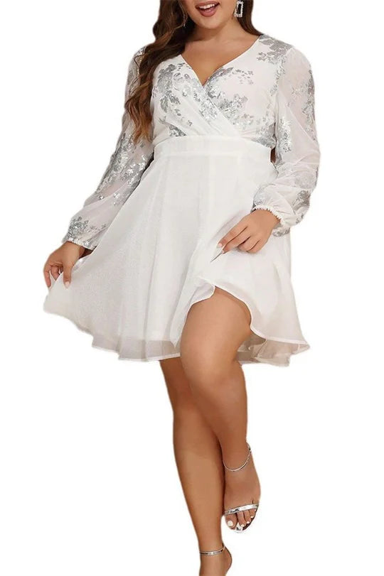 Plus Size White Long Sleeves Surplice A-Line Mini Dress Party Dress With Applique Glitter Lace