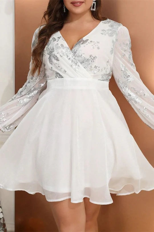 Plus Size White Long Sleeves Surplice A-Line Mini Dress Party Dress With Applique Glitter Lace