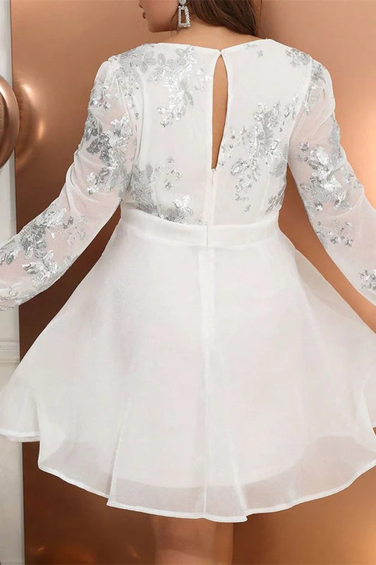 Plus Size White Long Sleeves Surplice A-Line Mini Dress Party Dress With Applique Glitter Lace