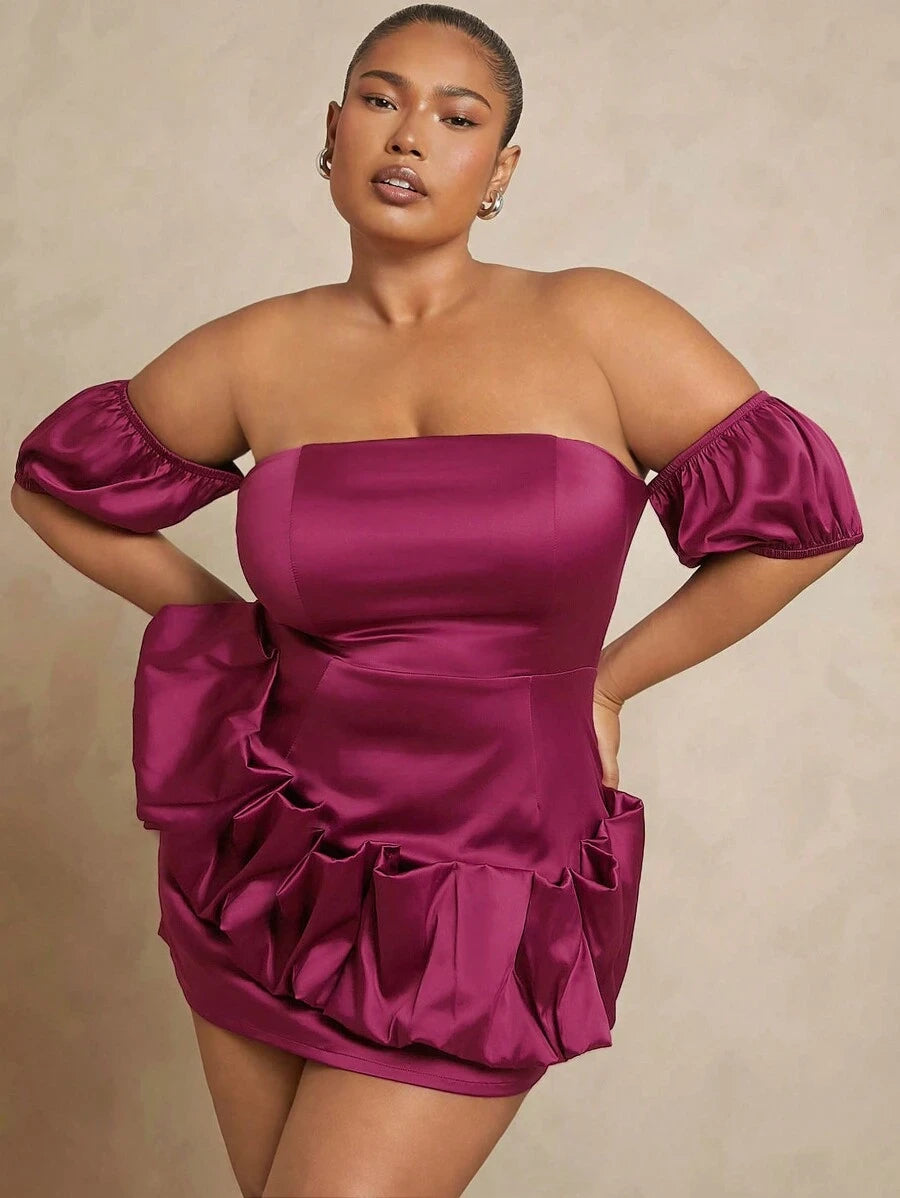 Plus Size A-Line Off-Shoulder Puffy Sleeves Ruffled Magenta Mini Homecoming Dress