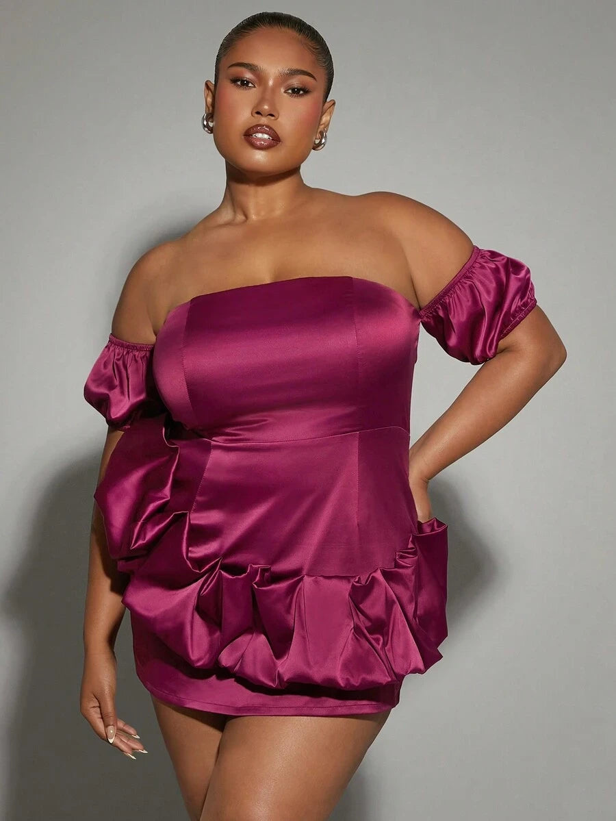 Plus Size A-Line Off-Shoulder Puffy Sleeves Ruffled Magenta Mini Homecoming Dress