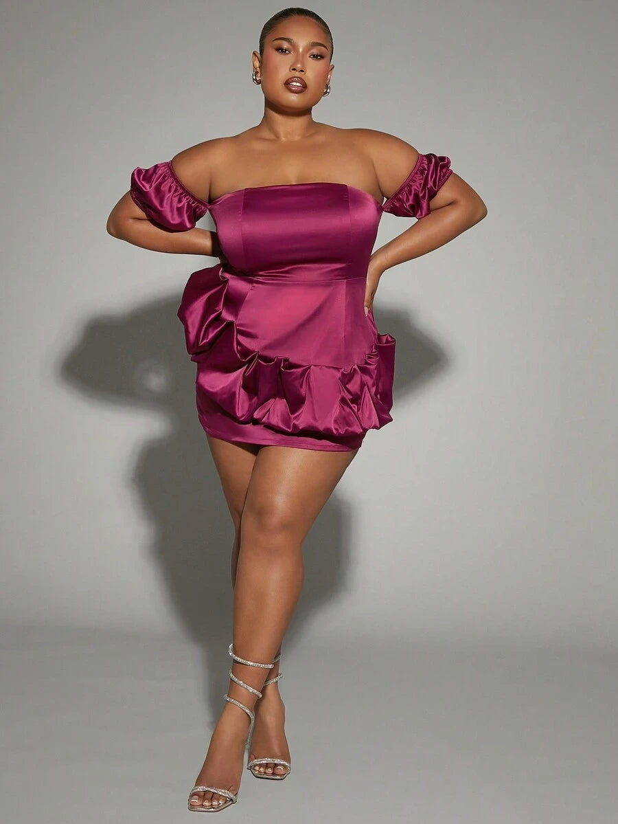 Plus Size A-Line Off-Shoulder Puffy Sleeves Ruffled Magenta Mini Homecoming Dress