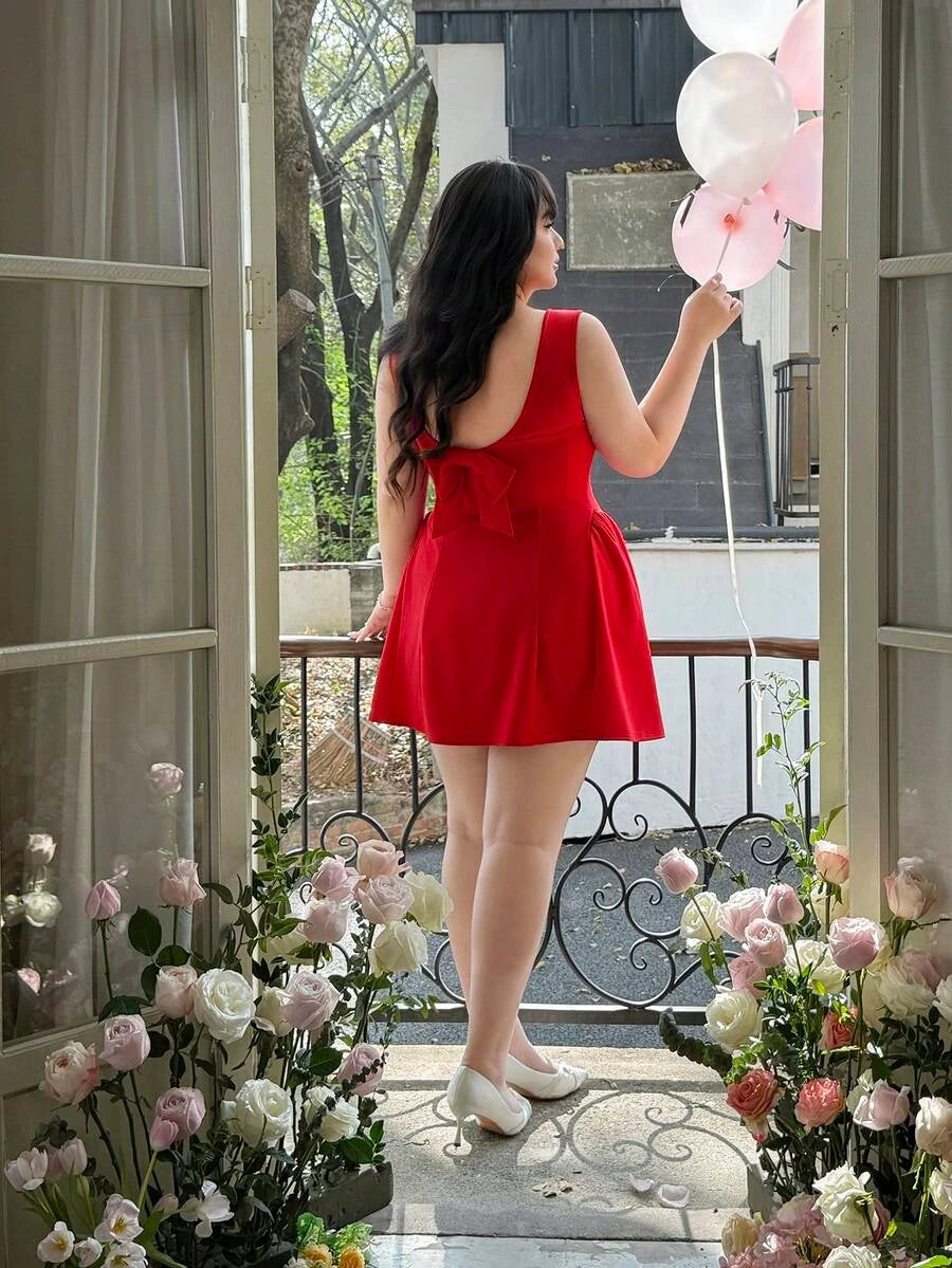 Plus Size Elegant A-Line Square Neck Bow Tie Red Short Homecoming Dress Custom