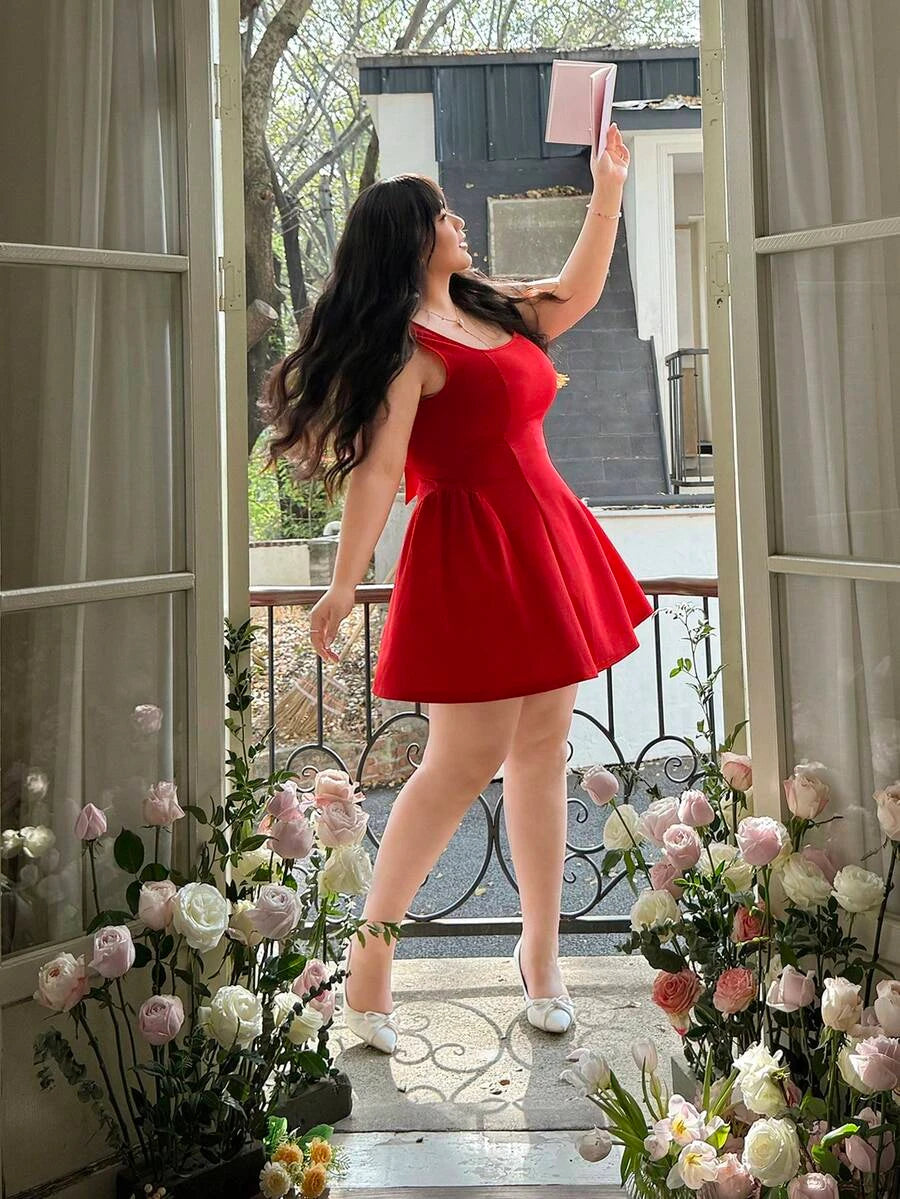 Plus Size Elegant A-Line Square Neck Bow Tie Red Short Homecoming Dress Custom