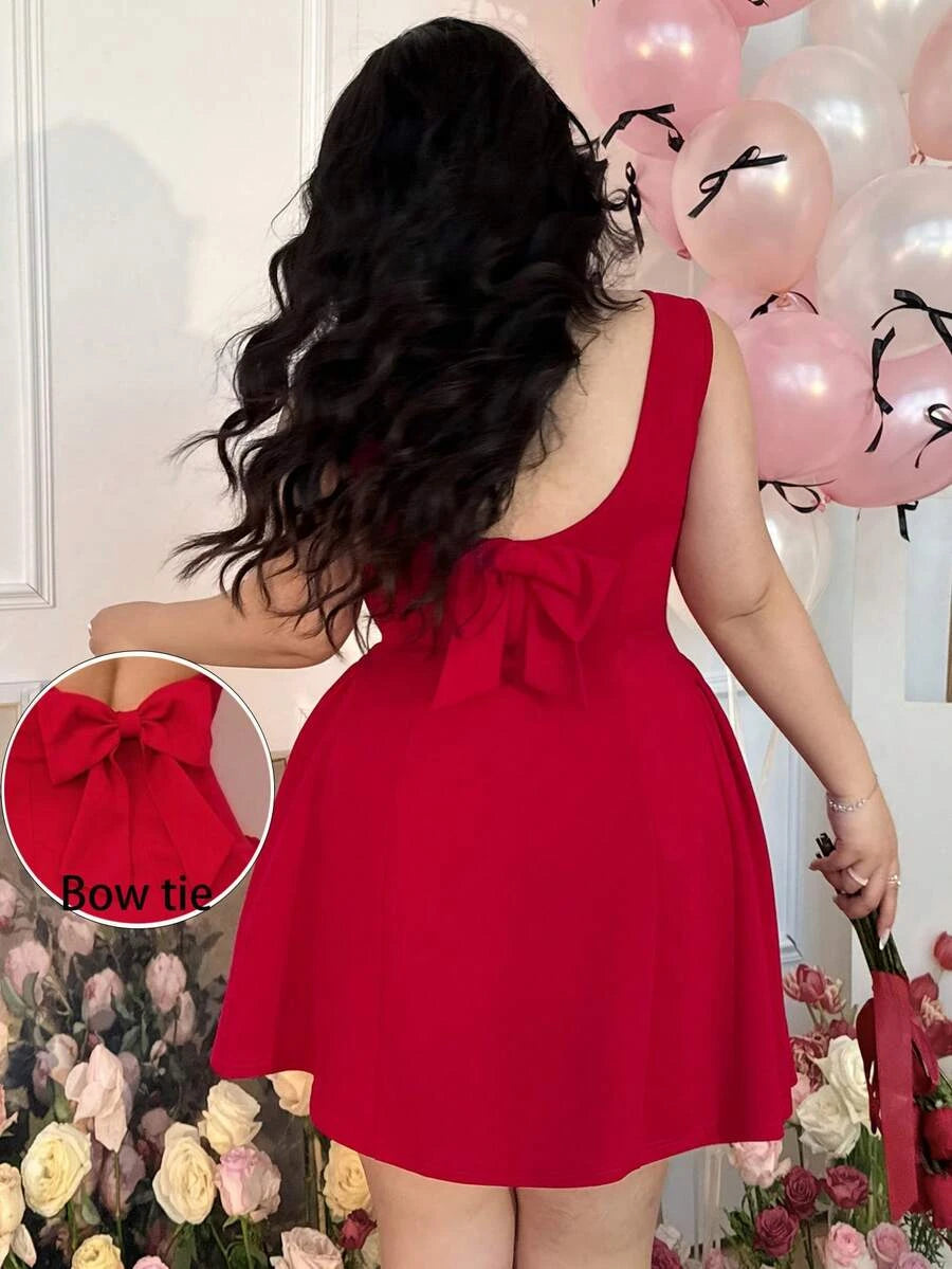 Plus Size Elegant A-Line Square Neck Bow Tie Red Short Homecoming Dress Custom